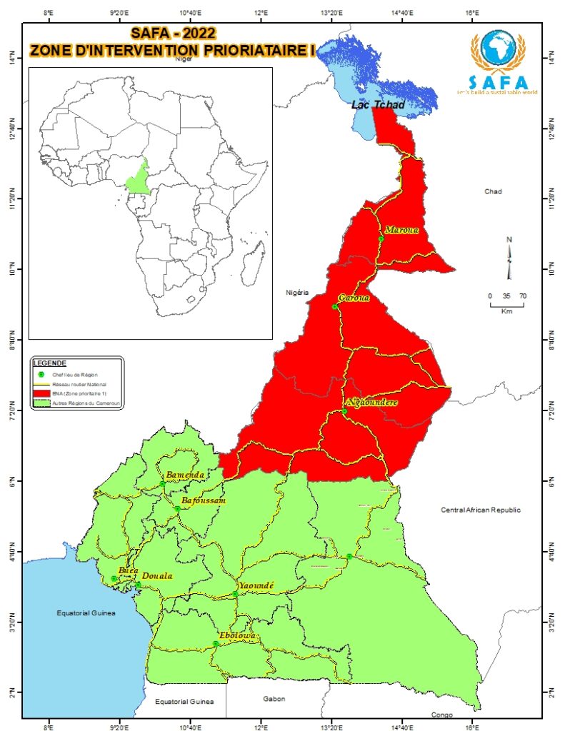 carte illustrant la zone d'intervention humanitaire prioritaire 1 ENA au Cameroun